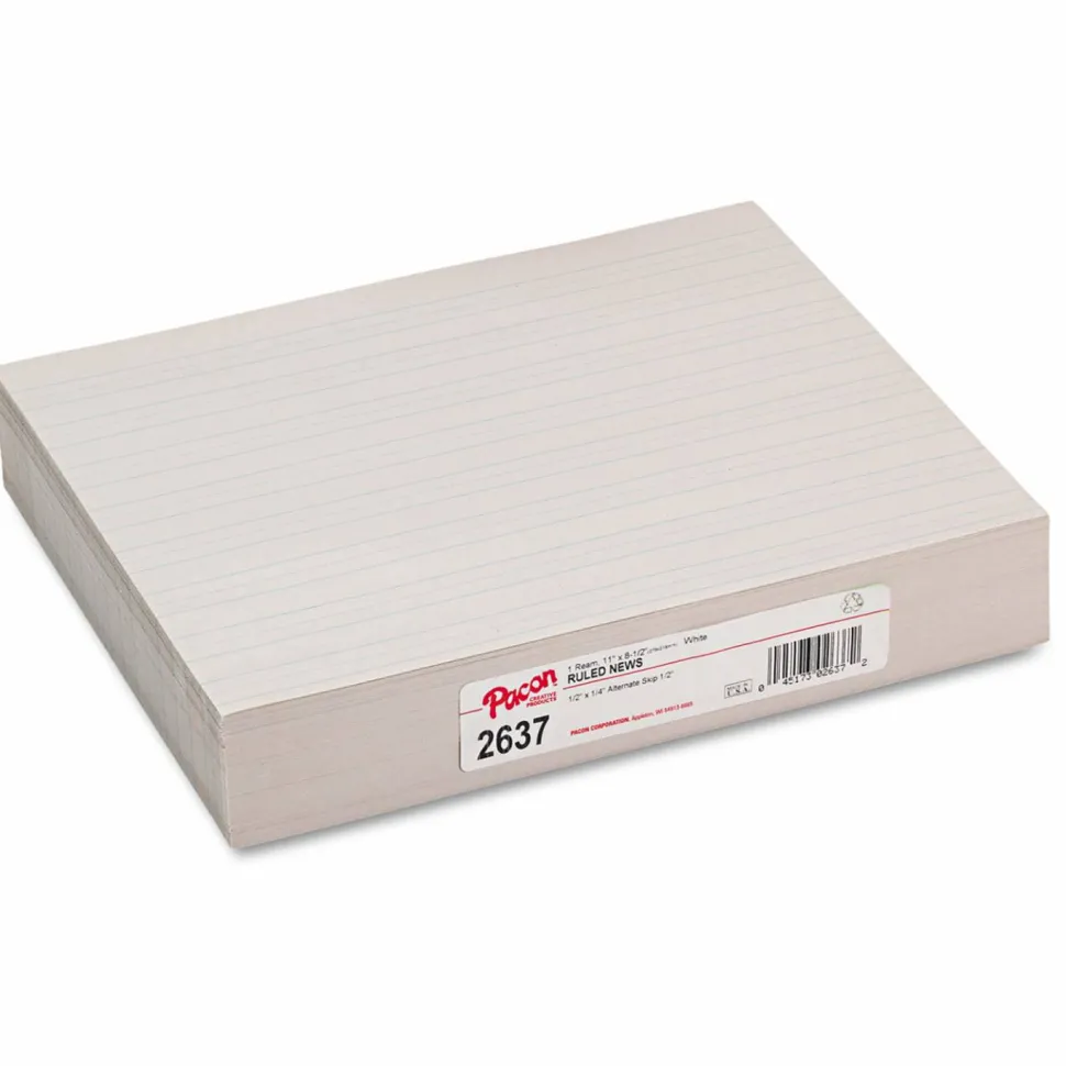 Pacon Skip-A-Line Ruled Newsprint Paper, 1/2" Two-Sided Long Rule, 8.5 x 11, 500/Pack