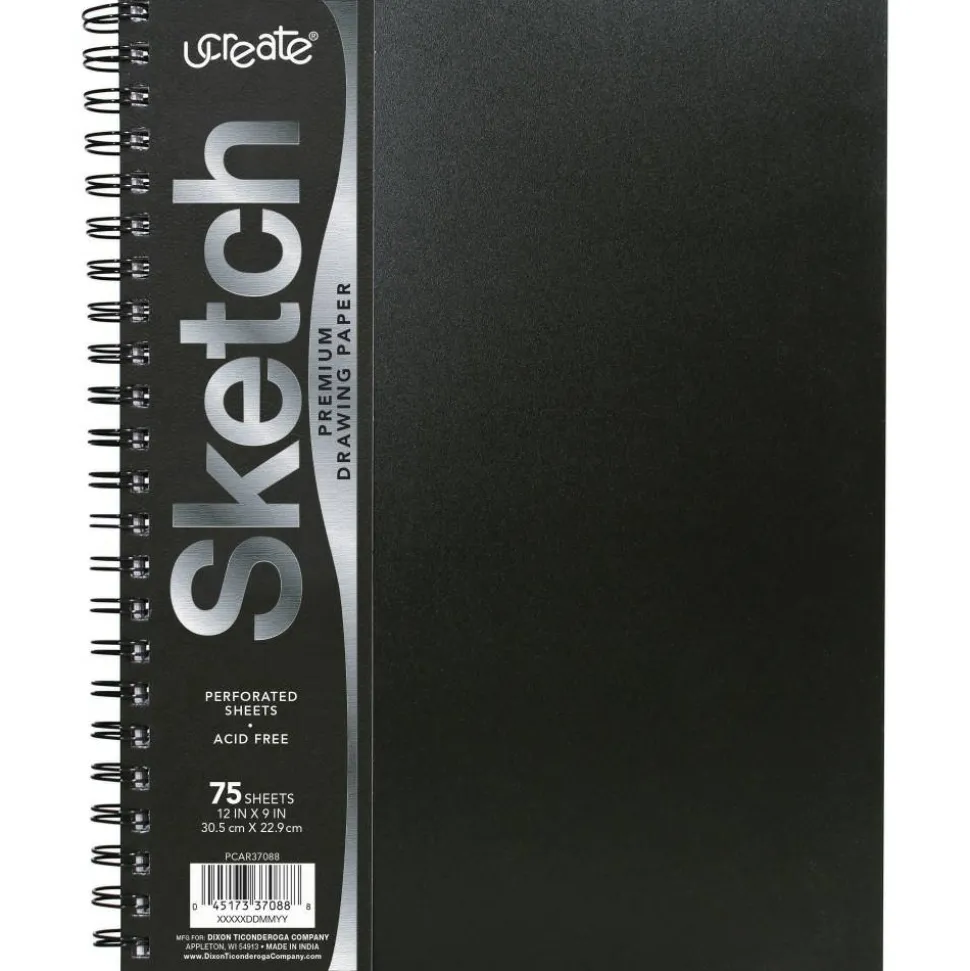 Pacon UCreate Poly Cover Sketch Book, 43 lb Cover Paper Stock, Black Cover, (75) 12 x 9 Sheets
