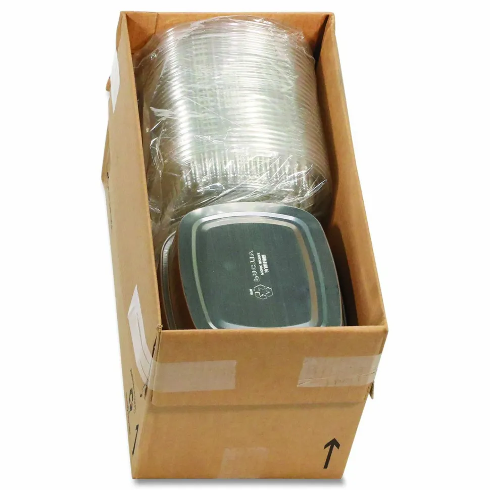Pactiv Evergreen Classic Carry-Out Container with PET Dome Lid, 46 oz, 9.8 x 7.8 x 1.3, Silver/Clear, Aluminum, 50/Carton
