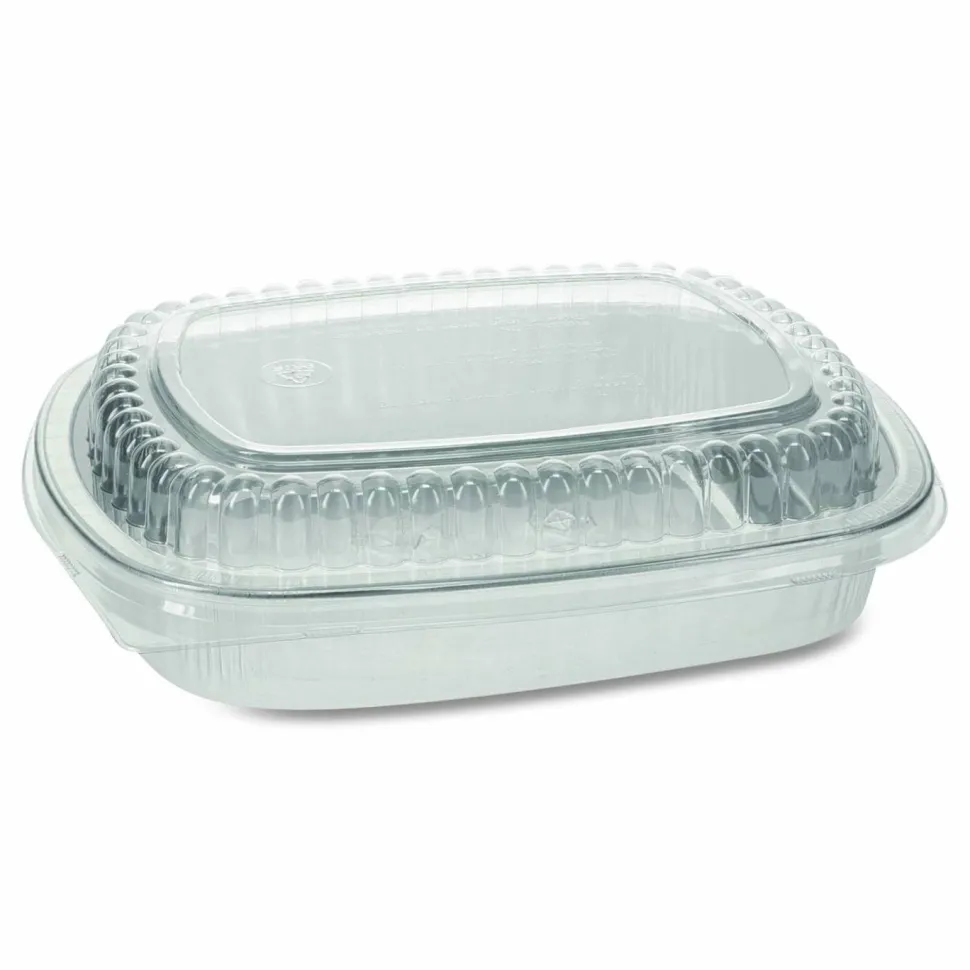 Pactiv Evergreen Classic Carry-Out Container with PET Dome Lid, 46 oz, 9.8 x 7.8 x 1.3, Silver/Clear, Aluminum, 50/Carton