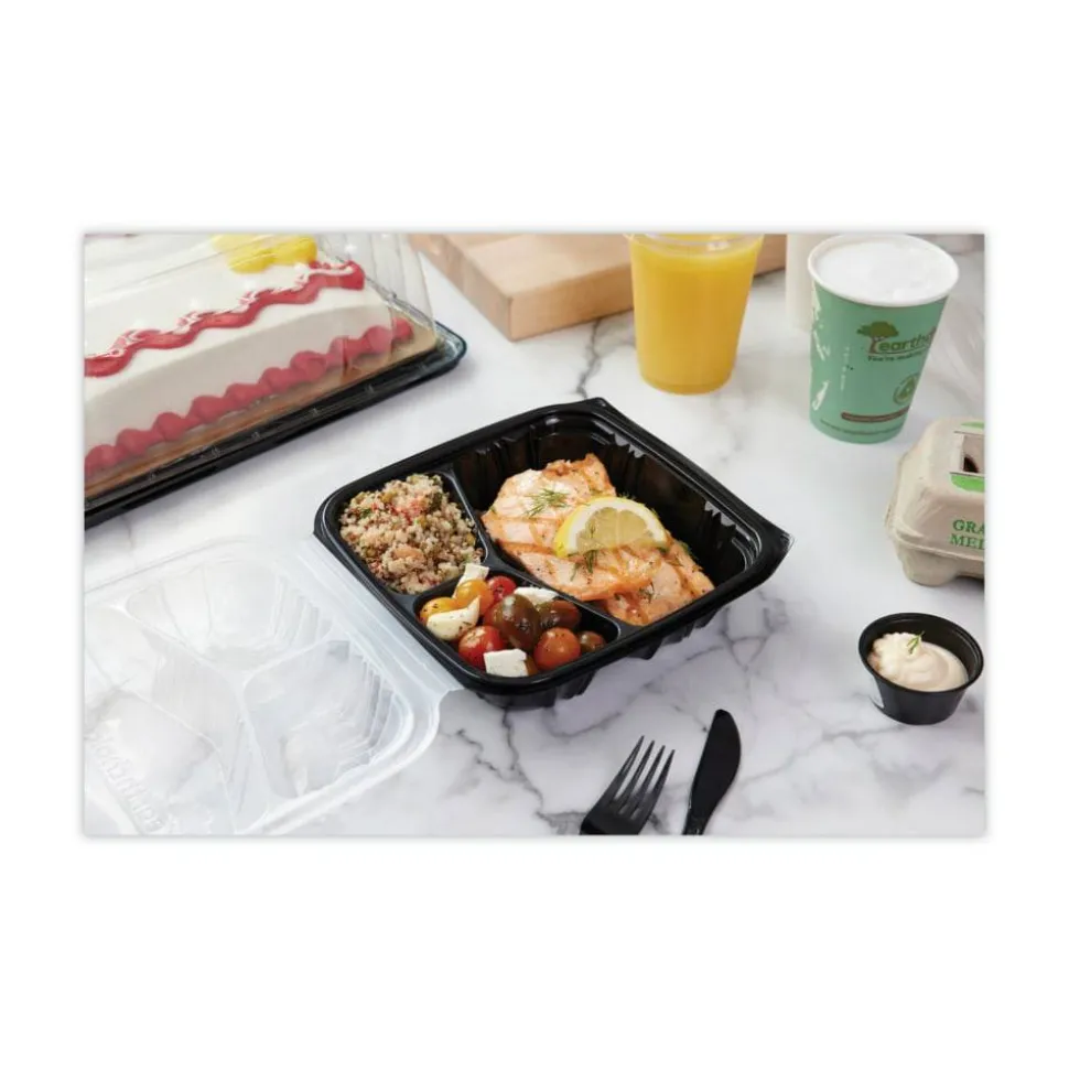 Pactiv Evergreen EarthChoice Vented Dual-Color Microwavable Hinged-Lid Containers, 3-Compartment, 33 Oz,Black/Clear, Pack Of 150 - DC858330B000