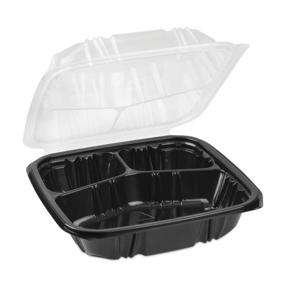 Pactiv Evergreen EarthChoice Vented Dual-Color Microwavable Hinged-Lid Containers, 3-Compartment, 33 Oz,Black/Clear, Pack Of 150 - DC858330B000