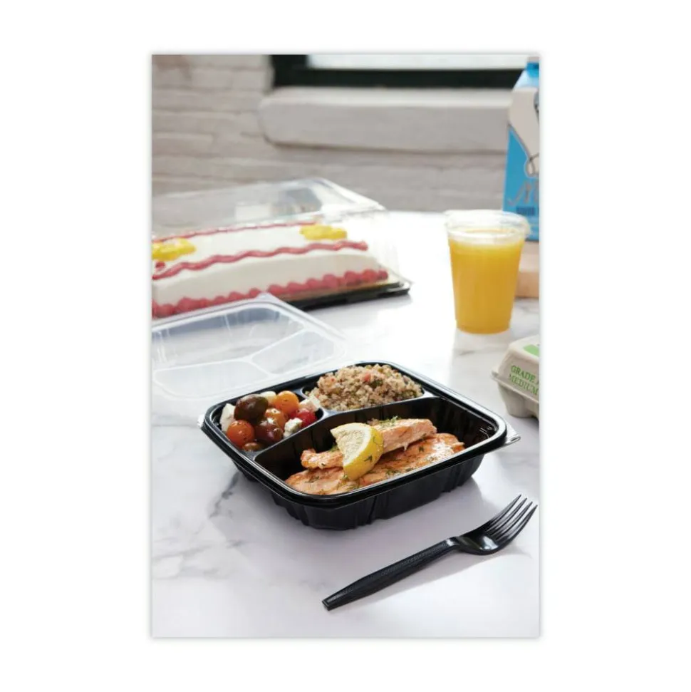 Pactiv Evergreen EarthChoice Vented Dual-Color Microwavable Hinged-Lid Containers, 3-Compartment, 33 Oz,Black/Clear, Pack Of 150 - DC858330B000