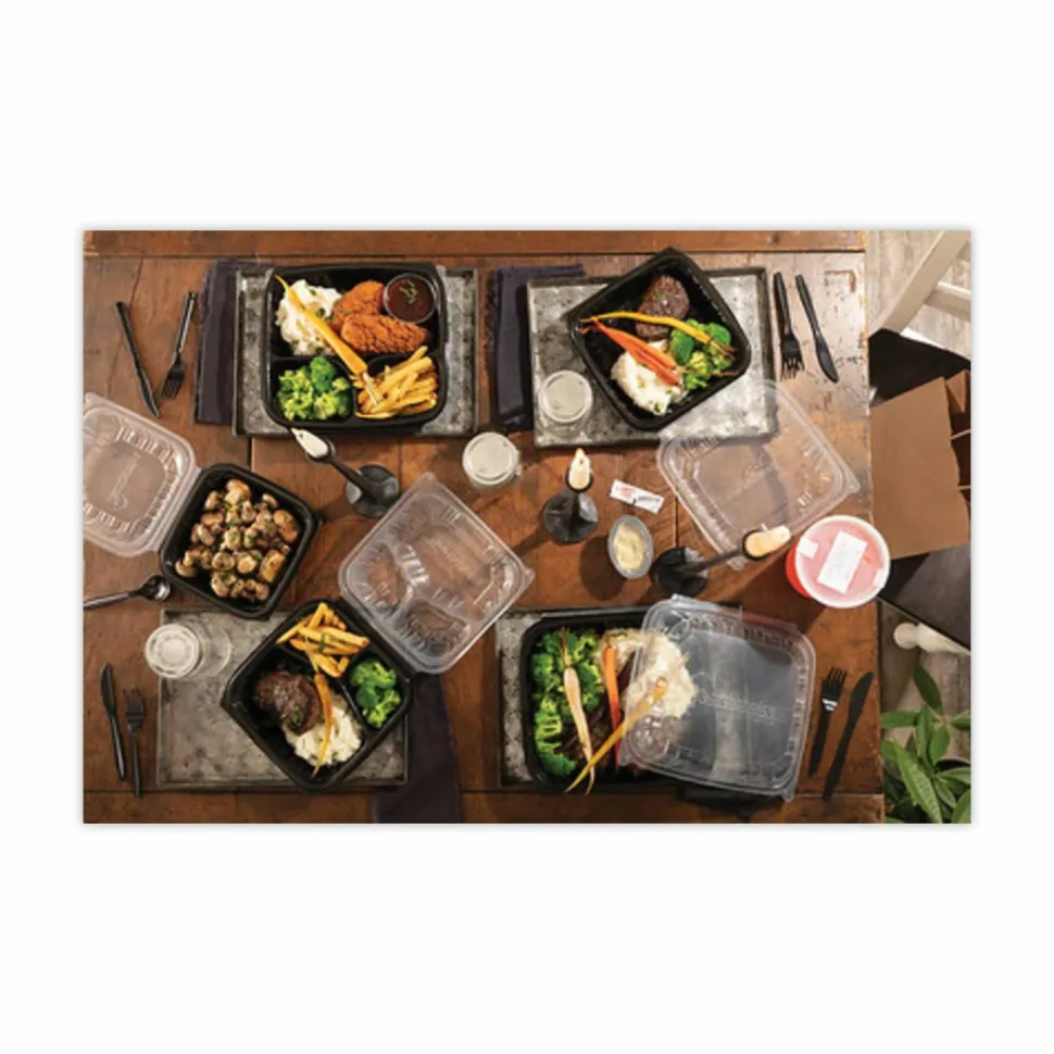 Pactiv Evergreen EarthChoice Vented Dual-Color Microwavable Hinged-Lid Containers, 3-Compartment, 33 Oz,Black/Clear, Pack Of 150 - DC858330B000