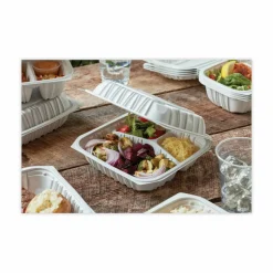 Pactiv Evergreen EarthChoice Vented Microwavable MFPP Hinged Lid Containers, 3-Compartment, White, Carton Of 146 - YCNW0853