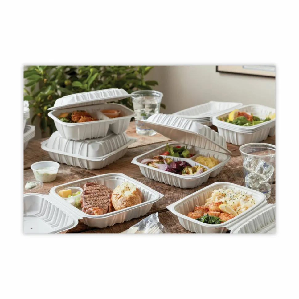 Pactiv Evergreen EarthChoice Vented Microwavable MFPP Hinged Lid Containers, 3-Compartment, White, Carton Of 146 - YCNW0853
