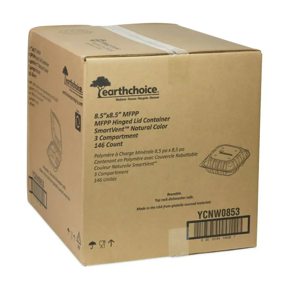 Pactiv Evergreen EarthChoice Vented Microwavable MFPP Hinged Lid Containers, 3-Compartment, White, Carton Of 146 - YCNW0853