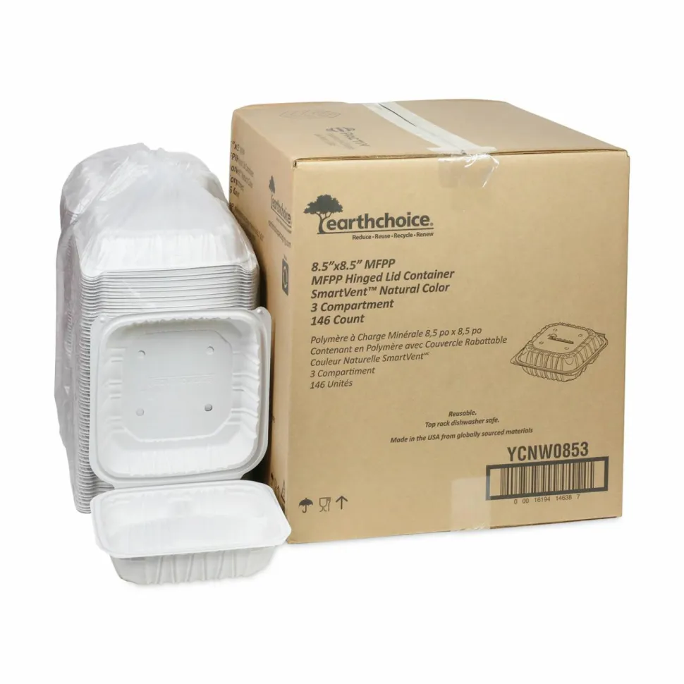 Pactiv Evergreen EarthChoice Vented Microwavable MFPP Hinged Lid Containers, 3-Compartment, White, Carton Of 146 - YCNW0853
