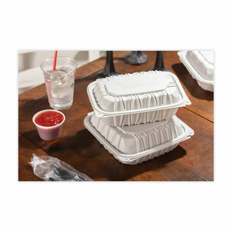 Pactiv Evergreen EarthChoice Vented Microwavable MFPP Hinged Lid Containers, 3-1/8”H x 9”W x 6”D, White, Carton Of 170 Containers