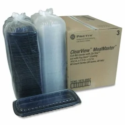Pactiv Evergreen MealMaster Rib Container Base/Lid, 16.6 x 7.3 x 2.3, Black/Clear, Plastic, 80/Carton