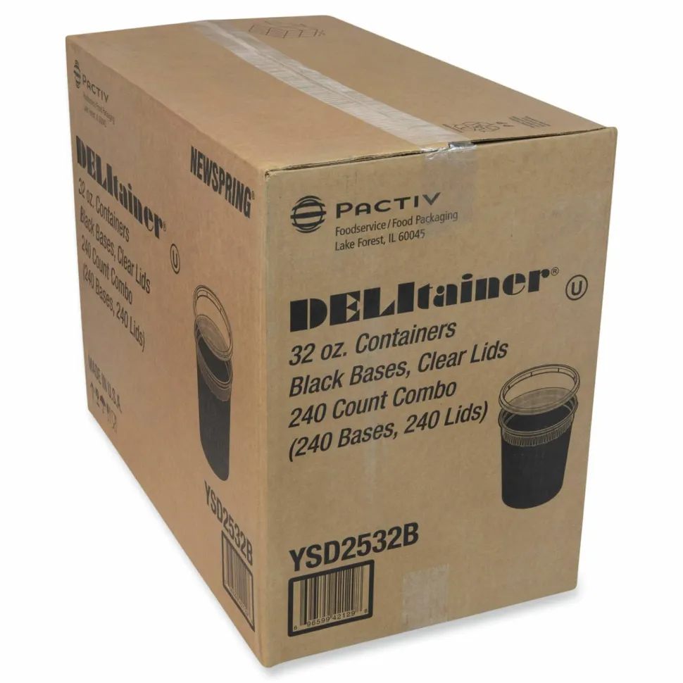 Pactiv Evergreen Newspring DELItainer Microwavable Container, 32 oz, 4.55 x 4.55 x 5.55, Black/Clear, Plastic, 240/Carton