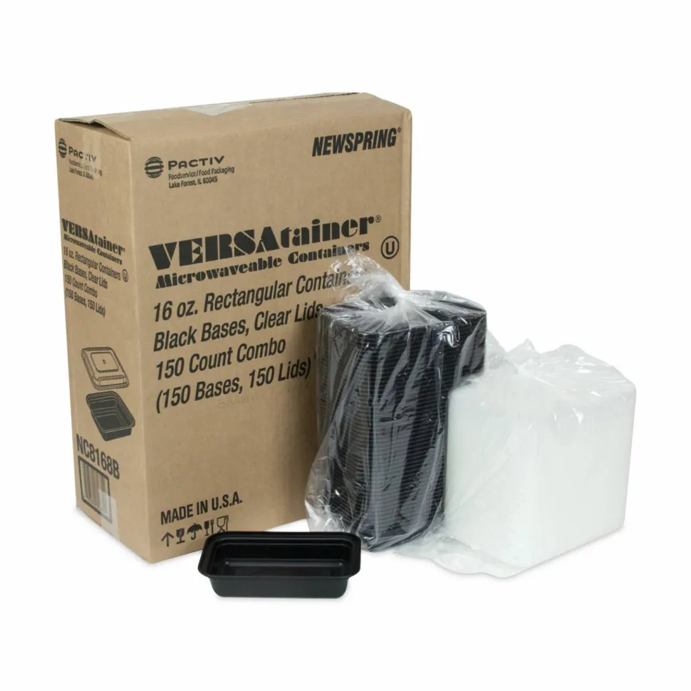Pactiv Evergreen Newspring VERSAtainer Microwavable Containers, 16 oz, 7.4 x 5 x 2.2, Black/Clear, Plastic, 150/Carton