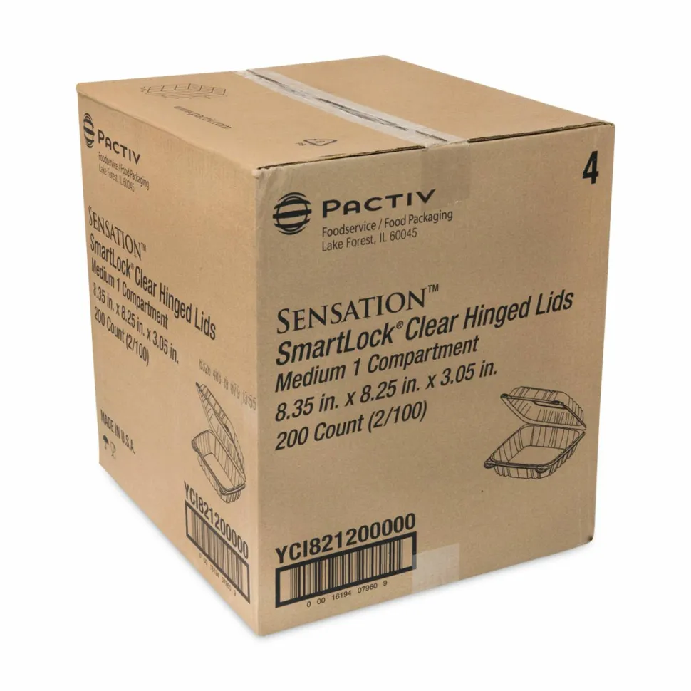 Pactiv Evergreen SENSATION SmartLock Hinged Lid Container, 8.5 x 8.34 x 3., Clear, Plastic, 200/Carton