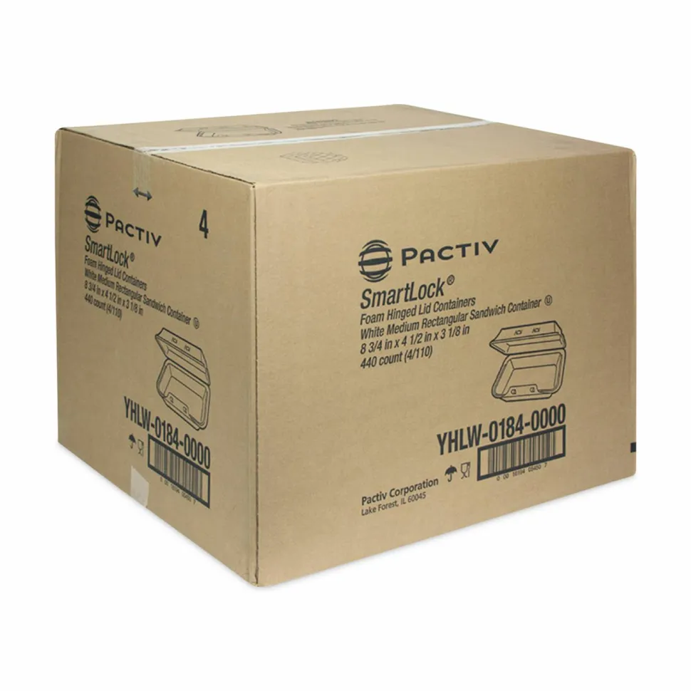 Pactiv Evergreen SmartLock Foam Hinged Lid Container, Medium, 8.8 x 4.5 x 3.1, White, 440/Carton