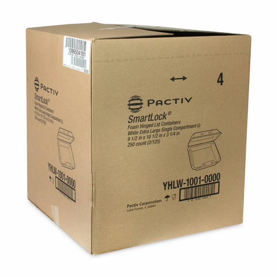 Pactiv Evergreen SmartLock Foam Hinged Lid Container, X-Large, 9.5 x 10.5 x 3.3, White, 250/Carton