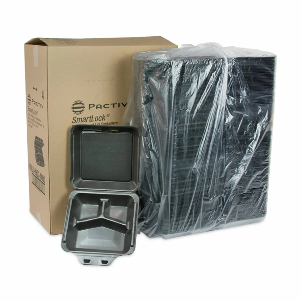 Pactiv Evergreen SmartLock Foam Hinged Lid Container, Large, 3 Compartments, 9 x 9.5 x 3.3, Black, 150/Carton