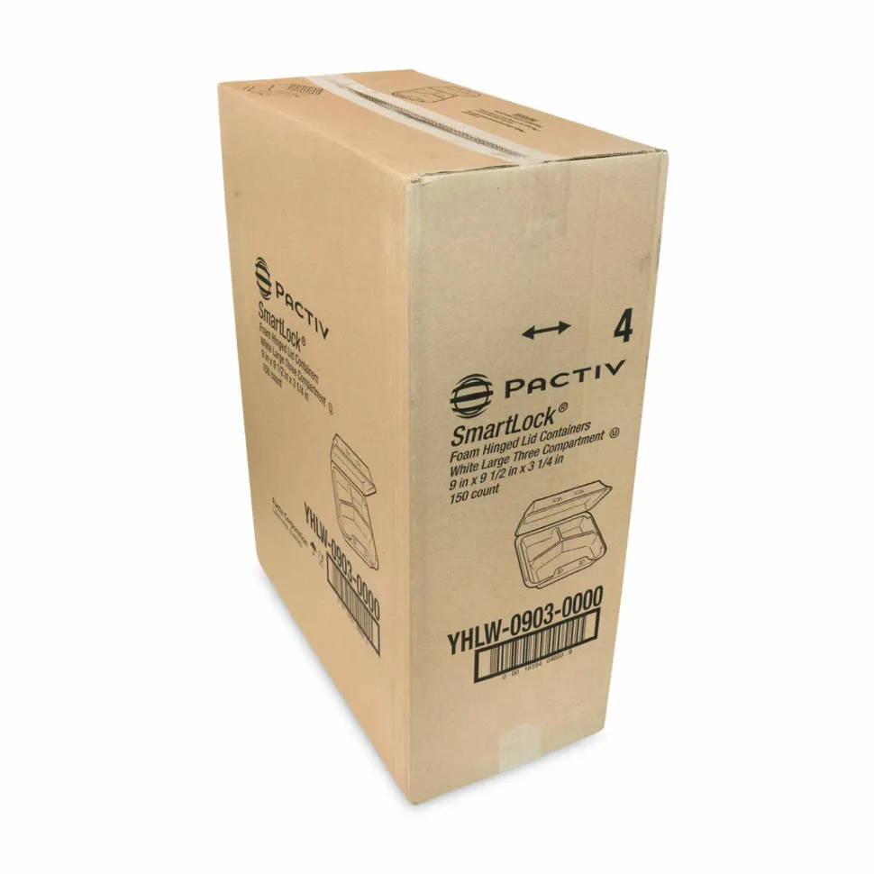 Pactiv Evergreen SmartLock Foam Hinged Lid Container, Large, 3 Compartments, 9 x 9.25 x 3.25, White, 150/Carton