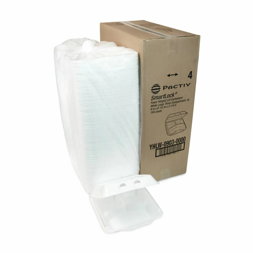 Pactiv Evergreen SmartLock Foam Hinged Lid Container, Large, 3 Compartments, 9 x 9.25 x 3.25, White, 150/Carton