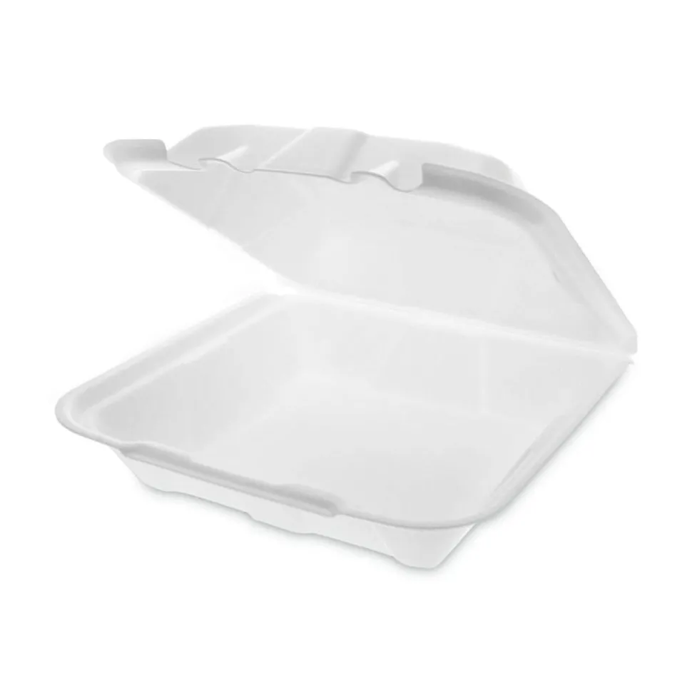 Pactiv Evergreen Vented Foam Hinged Lid Containers, Dual Tab Lock Economy, 3-1/4”H x 9-3/16”W x 9”D, White, Carton Of 150 Containers