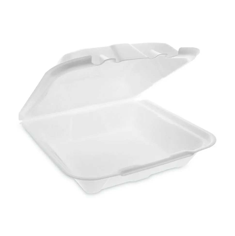 Pactiv Evergreen Vented Foam Hinged Lid Containers, Dual Tab Lock Economy, 3-1/4”H x 9-3/16”W x 9”D, White, Carton Of 150 Containers