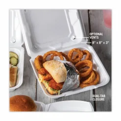 Pactiv Evergreen Vented Foam Hinged Lid Container, Dual Tab Lock, 8.4 x 8 x 3, White, 150/Carton