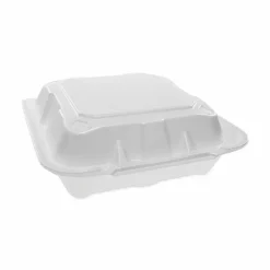 Pactiv Evergreen Vented Foam Hinged Lid Container, Dual Tab Lock, 8.4 x 8 x 3, White, 150/Carton