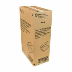 Pactiv Evergreen Vented Foam Hinged Lid Container, Dual Tab Lock, 8.4 x 8 x 3, White, 150/Carton