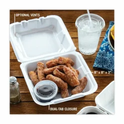 Pactiv Evergreen Vented Foam Hinged Lid Container, Dual Tab Lock, 8.4 x 8 x 3, White, 150/Carton