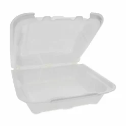Pactiv Evergreen Vented Foam Hinged Lid Container, Dual Tab Lock, 8.4 x 8 x 3, White, 150/Carton