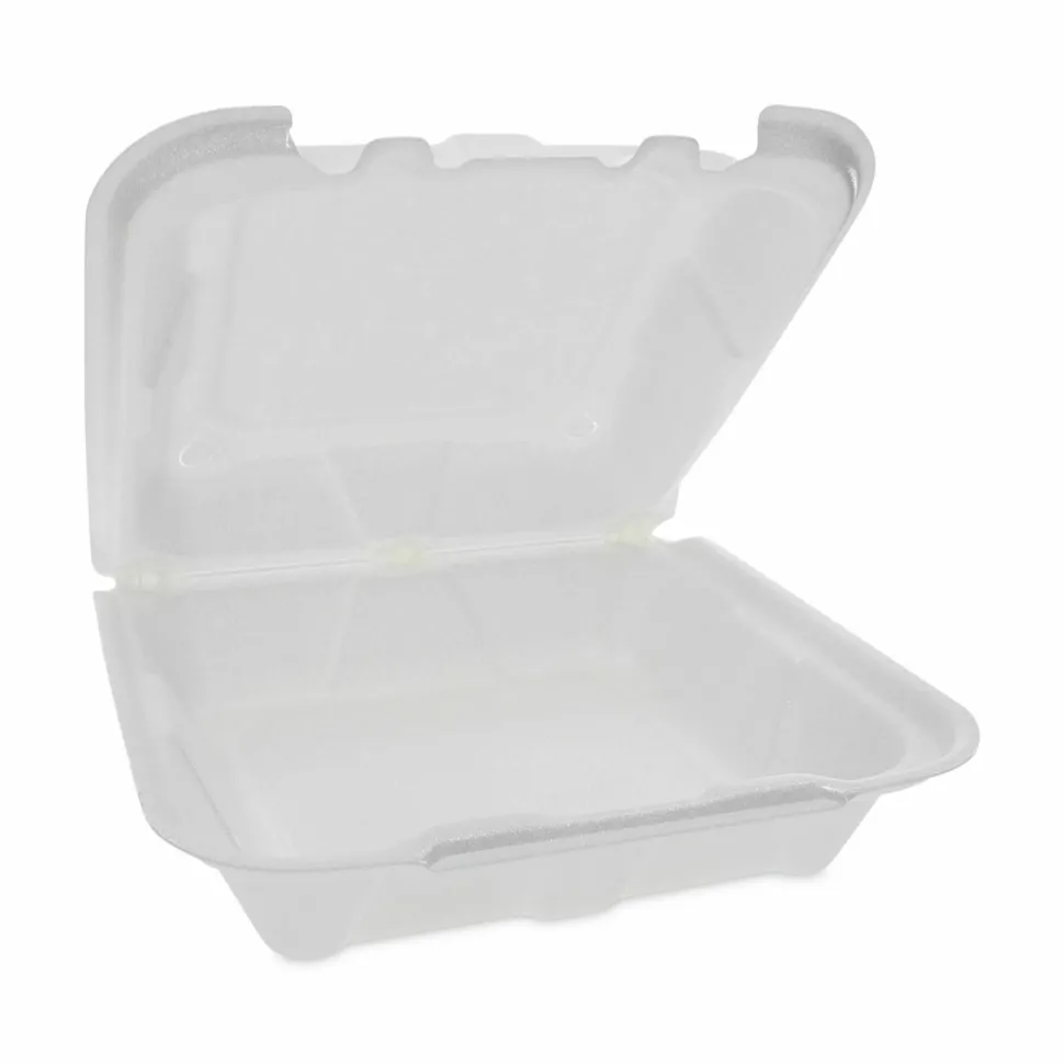 Pactiv Evergreen Vented Foam Hinged Lid Container, Dual Tab Lock, 8.4 x 8 x 3, White, 150/Carton