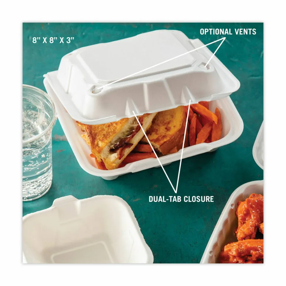 Pactiv Evergreen Vented Foam Hinged Lid Container, Dual Tab Lock, 8.4 x 8 x 3, White, 150/Carton