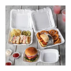 Pactiv Evergreen Vented Foam Hinged Lid Container, Dual Tab Lock, 8.4 x 8 x 3, White, 150/Carton