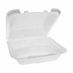 Pactiv Evergreen Vented Foam Hinged Lid Container, Dual Tab Lock, 3 Compartments, 9.1 x 9 x 3.3, White, 150/Carton