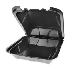 Pactiv Evergreen Vented Foam Hinged Lid Containers, Dual Tab Lock, 3-1/4”H x 9”W x 9”D, Black, Carton Of 150 Containers
