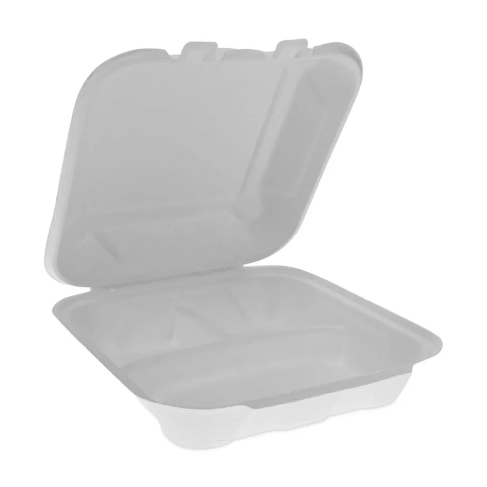 Pactiv Evergreen EarthChoice Bagasse Hinged Lid Containers, 2-13/16”H x 7-13/16”W x 7-13/16”D, Natural, Case Of 150 Containers