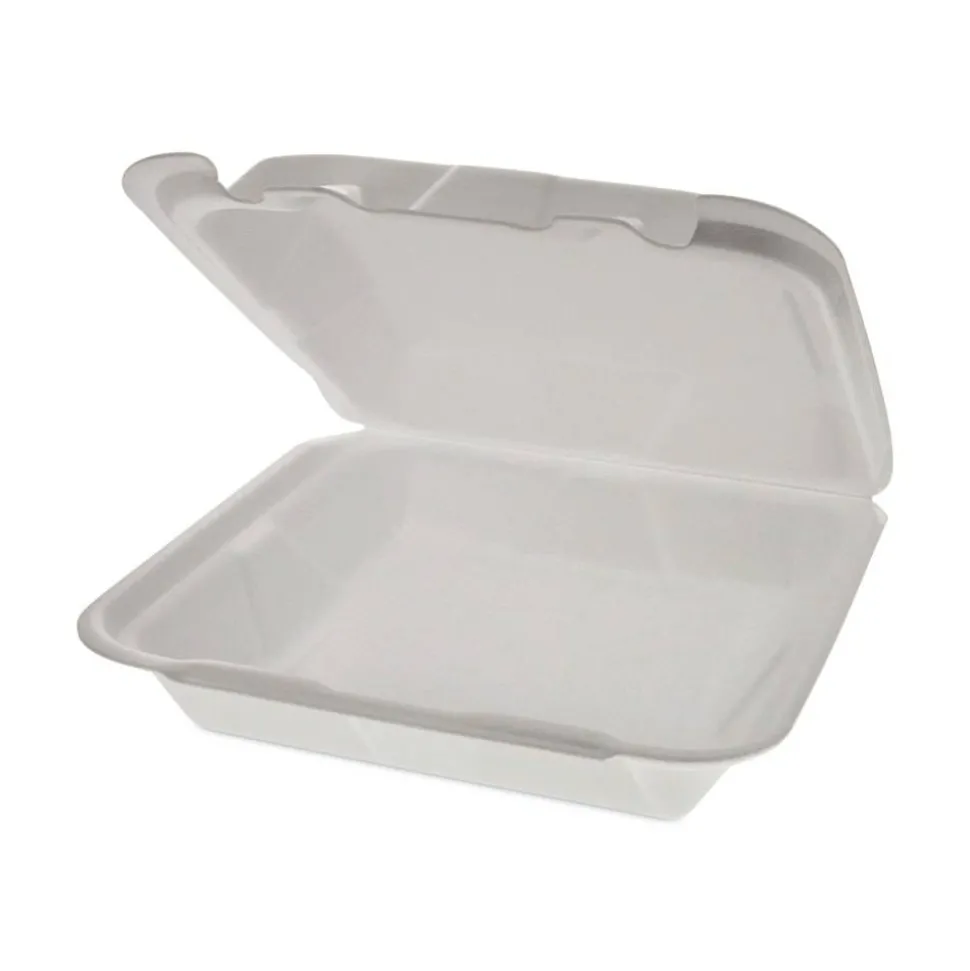 Pactiv Evergreen Foam Hinged-Lid Containers, Dual-Tab Lock, Happy Face, 2-1/4"H x 8"W x 7-3/4"D, White, Carton Of 200 Containers