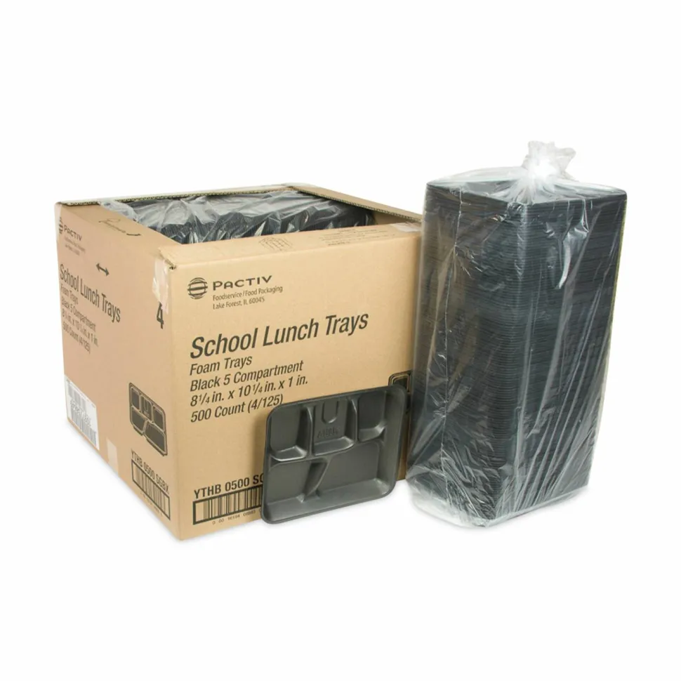 Pactiv Evergreen Foam School Trays, 5-Compartment Tray, 8.25 x 10.25 x 1, Black, 500/Carton