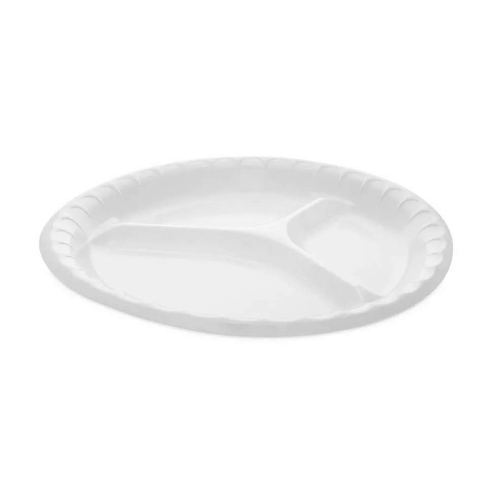 Pactiv Evergreen Placesetter Deluxe Laminated Foam Dinnerware, 3-Compartment Plate, 10.25" dia, White, 540/Carton