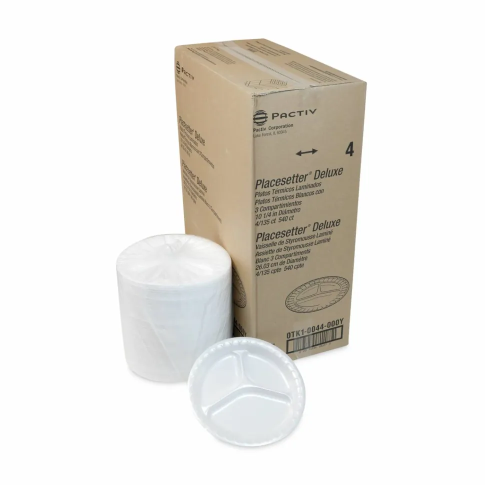Pactiv Evergreen Placesetter Deluxe Laminated Foam Dinnerware, 3-Compartment Plate, 10.25" dia, White, 540/Carton