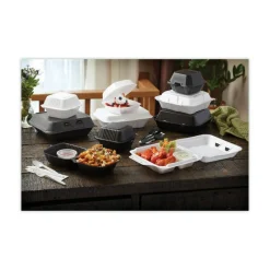 Pactiv Evergreen SmartLock Foam Hinged Lid Containers, Medium, 3-Compartment, 3”H x 8”W x 8-1/2”D, White, Carton Of 150 Containers