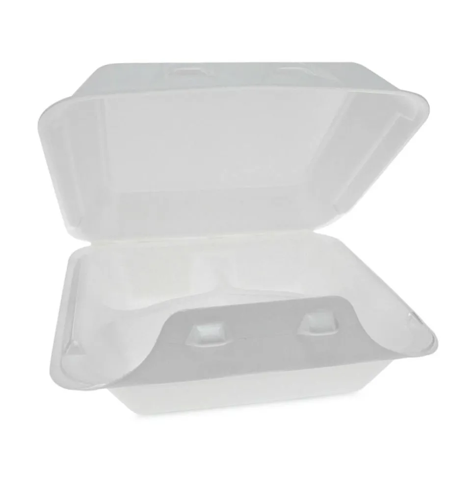Pactiv Evergreen SmartLock Foam Hinged Lid Containers, Medium, 3-Compartment, 3”H x 8”W x 8-1/2”D, White, Carton Of 150 Containers