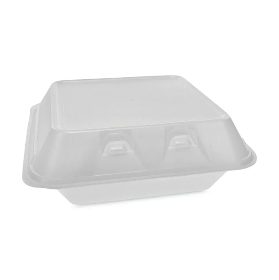 Pactiv Evergreen SmartLock Foam Hinged Lid Containers, Medium, 3-Compartment, 3”H x 8”W x 8-1/2”D, White, Carton Of 150 Containers