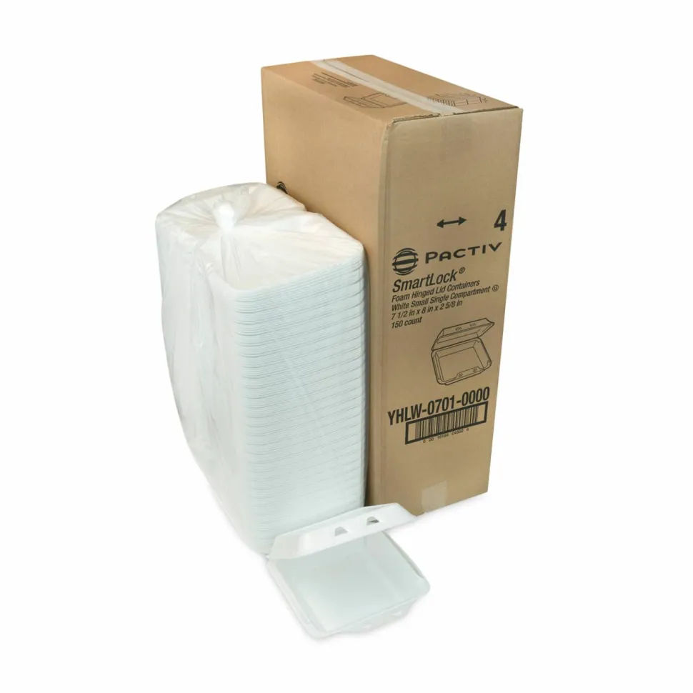 Pactiv Evergreen SmartLock Foam Hinged Lid Containers, Small, 2-11/16”H x 7-1/2”W x 8”D, White, Carton Of 150 Containers