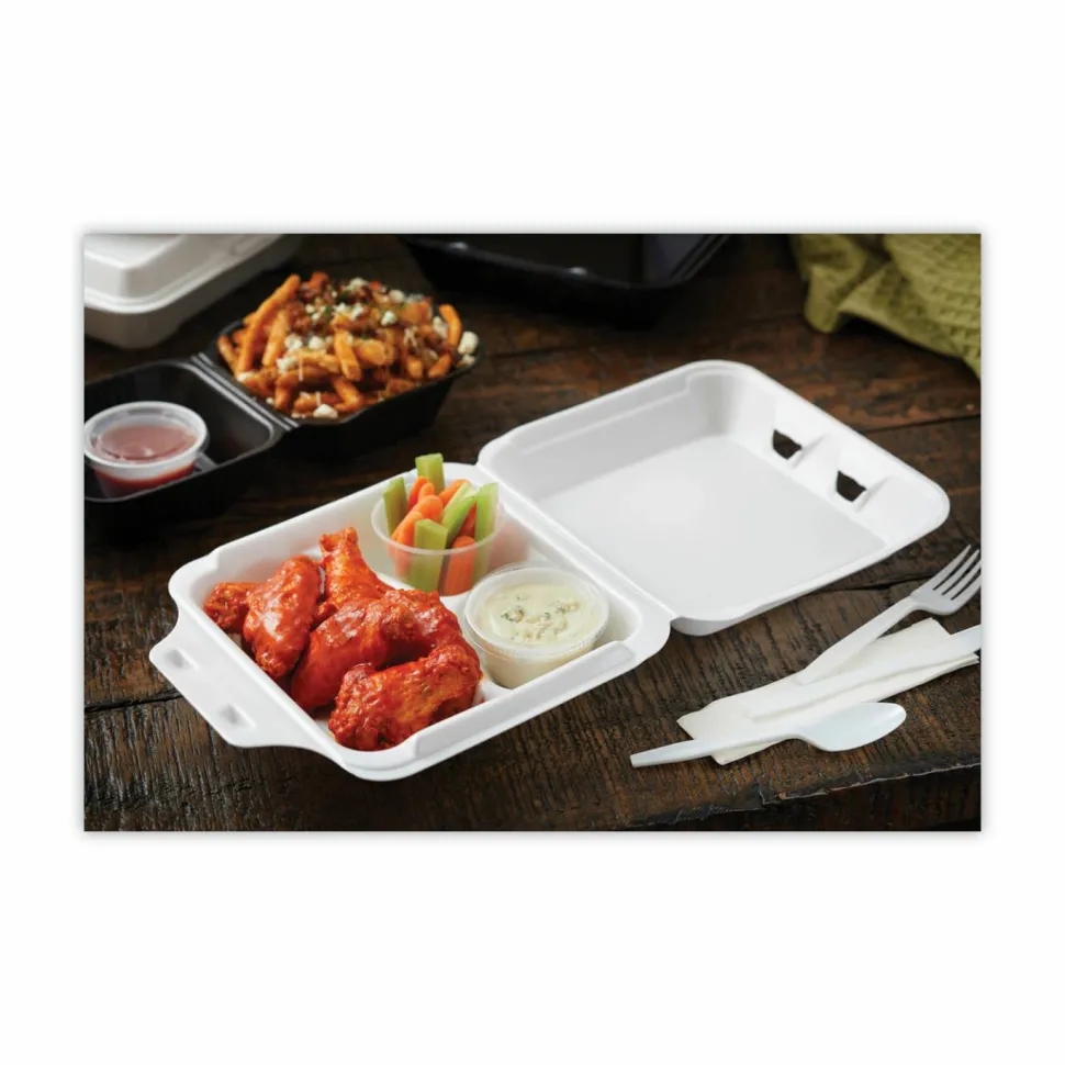 Pactiv Evergreen Vented Foam Hinged Lid Containers, 3-Compartment, Dual Tab Lock Economy, 3”H x 8-7/16”W x 8-3/16”D, White, Carton Of 150 Containers