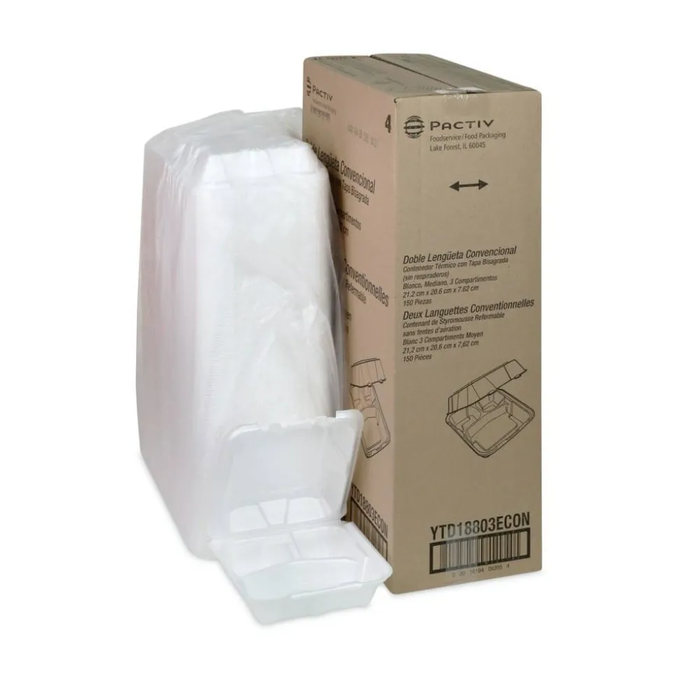 Pactiv Evergreen Vented Foam Hinged Lid Containers, 3-Compartment, Dual Tab Lock Economy, 3”H x 8-7/16”W x 8-3/16”D, White, Carton Of 150 Containers