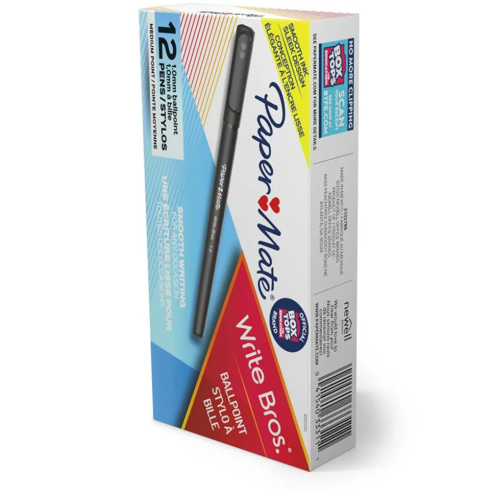 Paper Mate Ballpoint Stick Pens, Medium Point, 1.0 mm, Black Barrel, Black Ink, Pack Of 12