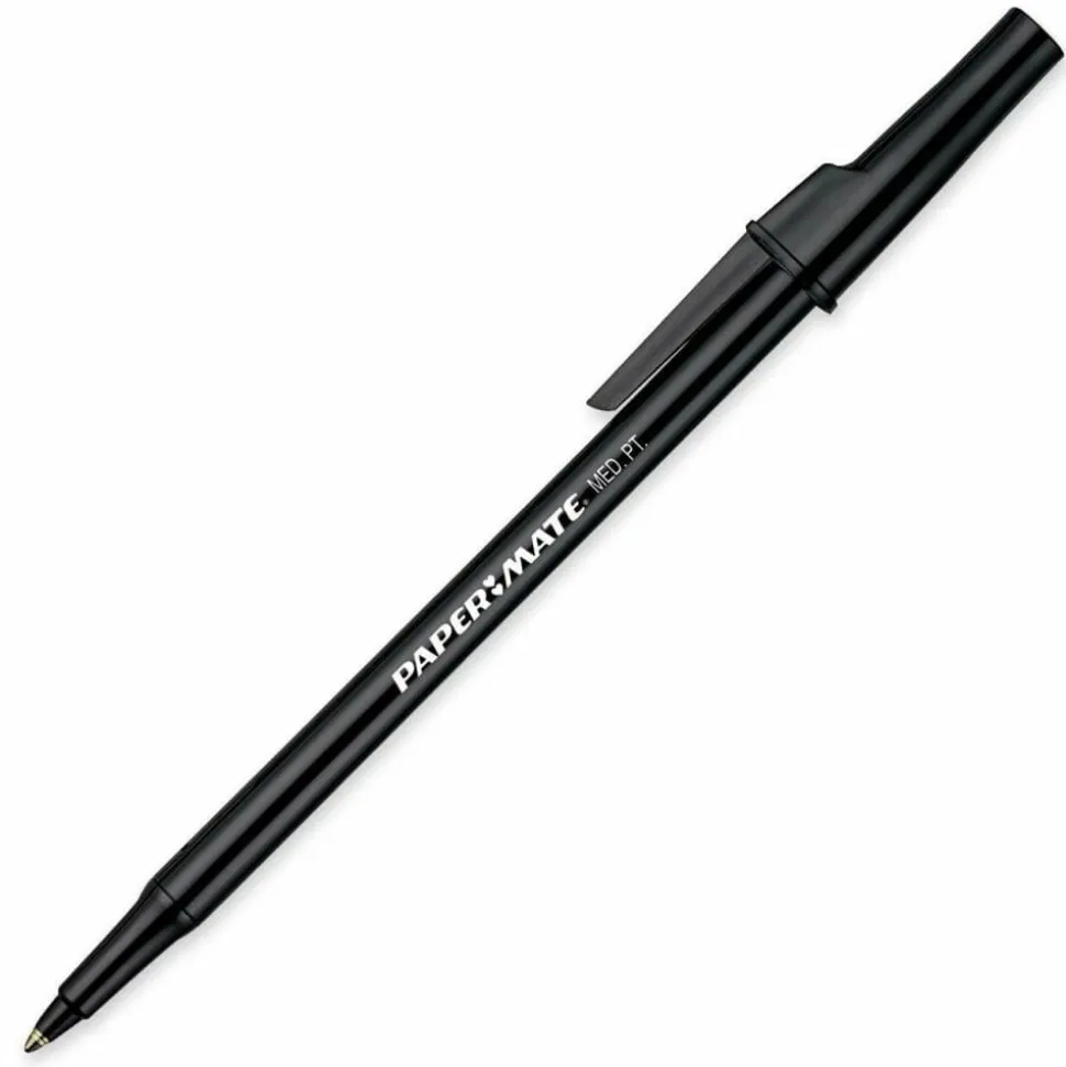 Paper Mate Ballpoint Stick Pens, Medium Point, 1.0 mm, Black Barrel, Black Ink, Pack Of 12