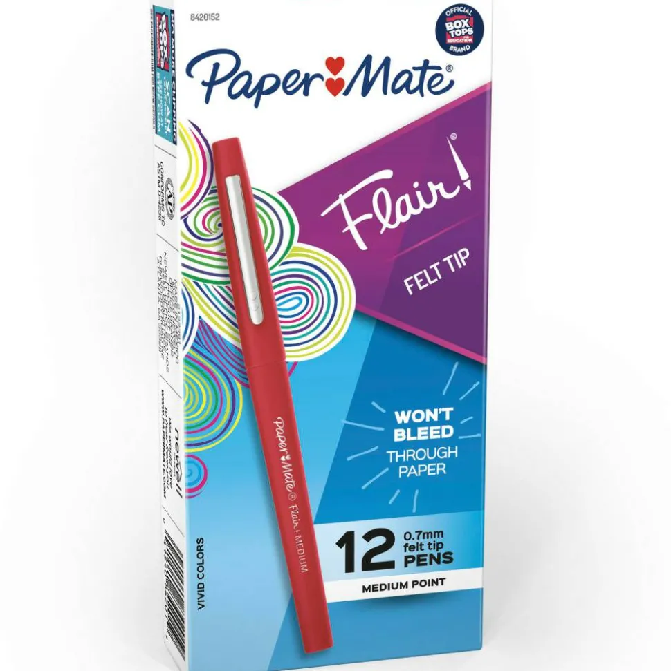 Paper Mate Flair Porous-Point Pens, Medium Point, 0.7 mm, Red Barrel, Red Ink, Pack Of 12