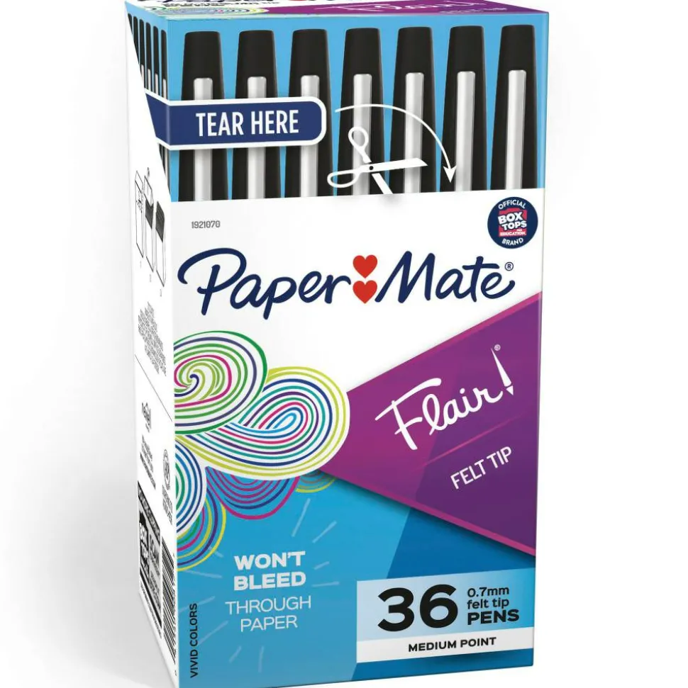 Paper Mate Flair Porous-Point Pens, Medium Point, 0.7 mm, Black Barrel, Black Ink, Pack Of 36 Pens