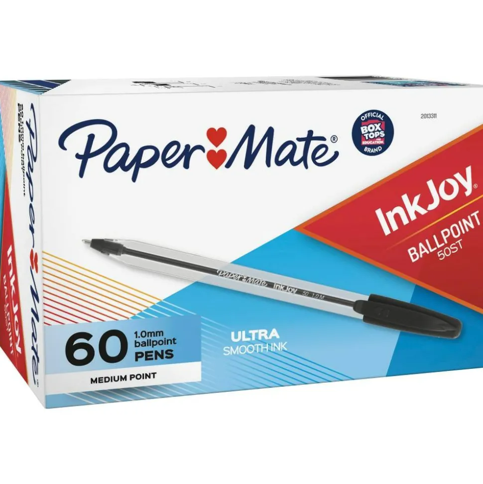 Paper Mate InkJoy 50ST Ballpoint Pen, Stick, Medium 1 mm, Black Ink, Clear Barrel, 60/Pack